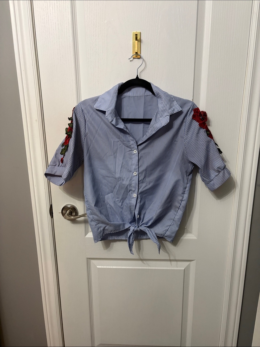 Blue Striped Tie-Front Women's Top with Red Floral Embroidery